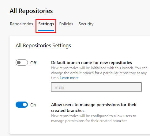 Screenshot that shows repository settings for all repositories