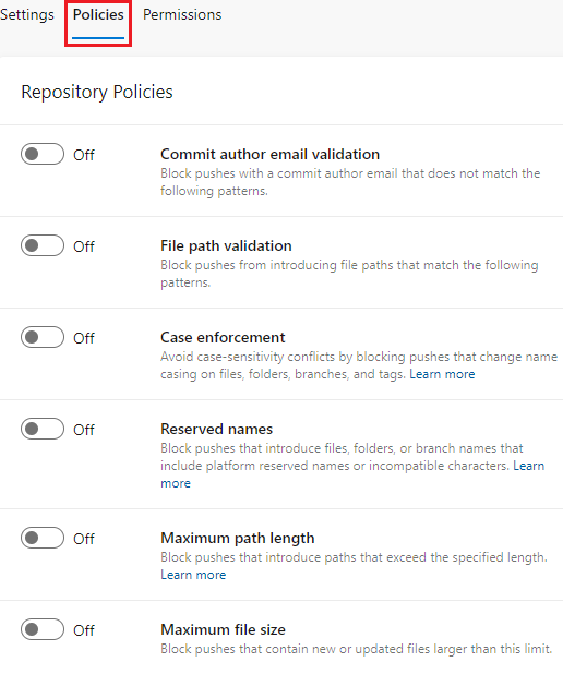 Screenshot that shows the repo Policies tab selected.