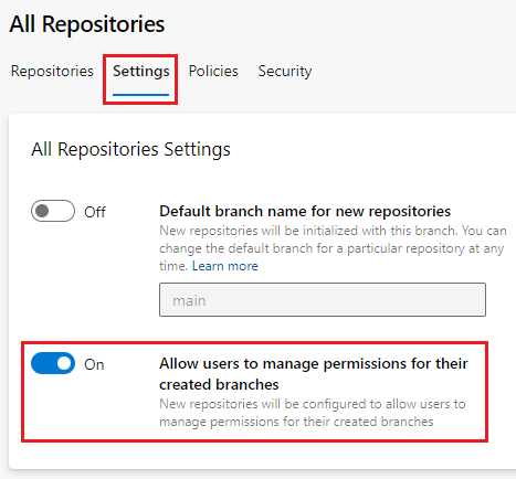Screenshot that shows the project-level setting Allow users to manage permissions for their created branches.