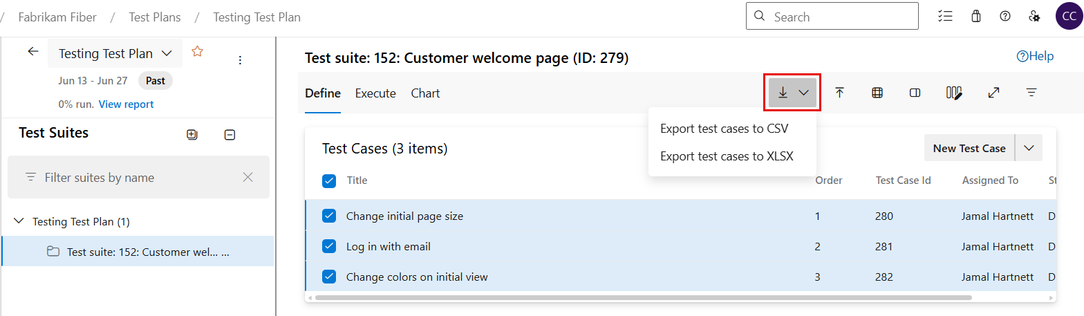 Screenshot of Export test cases from the selected test suite.