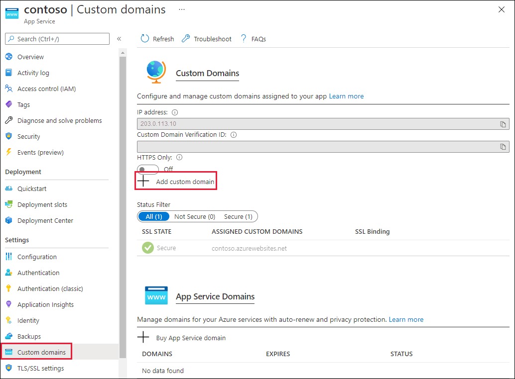 لقطة شاشة لزر إضافة مجال مخصص لتطبيق الويب.
