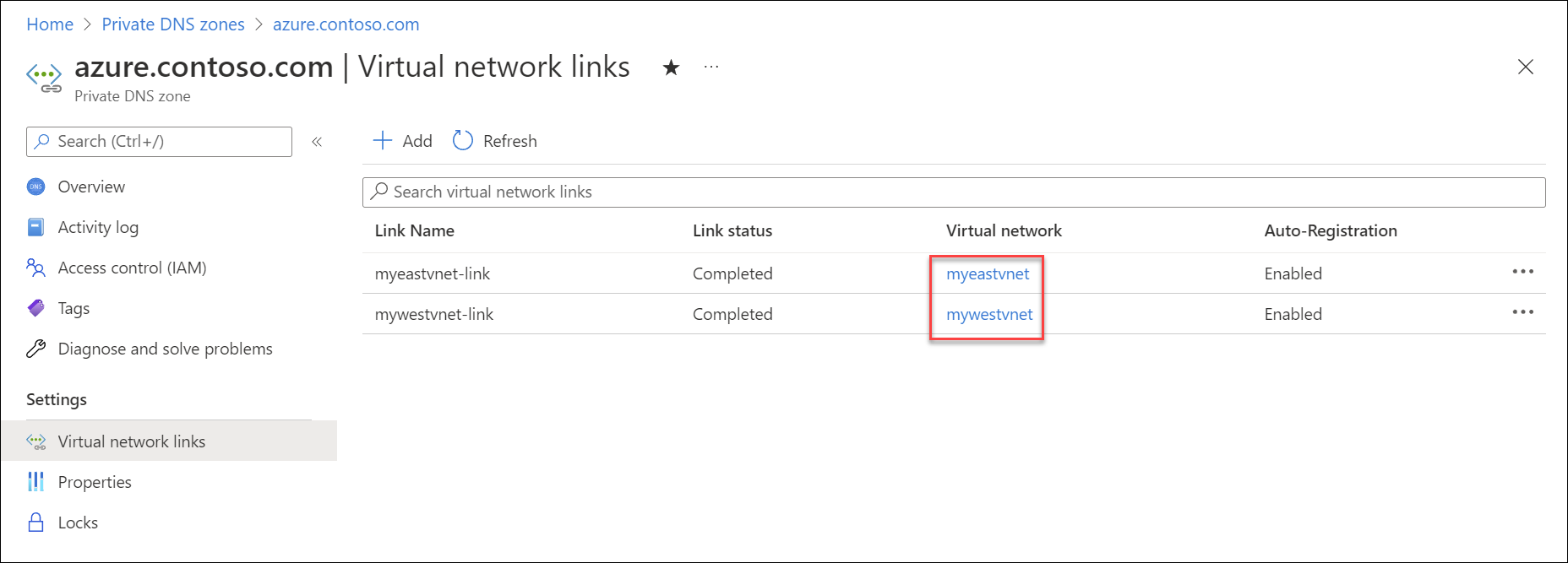 عرض ارتباطات vnet