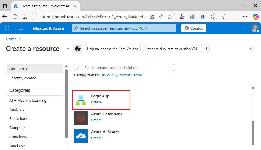 تظهر لقطة الشاشة مدخل Microsoft Azure مع خيارات لإنشاء مورد تطبيق منطقي.