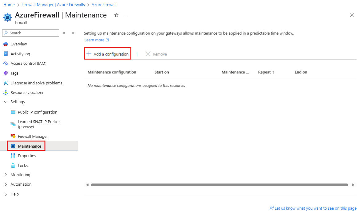 لقطة شاشة تعرض خيار تكوين الصيانة في مورد Azure Firewall.