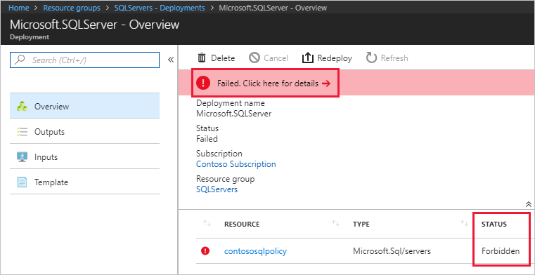 لقطة شاشة لمهمة نشر فاشلة تم رفضها من قبل تعيين نهج.