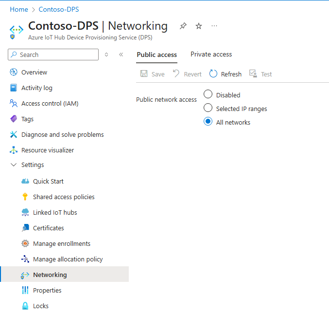 لقطة شاشة تعرض إعدادات عامل تصفية IP الافتراضي ل IoT DPS في مدخل Microsoft Azure.
