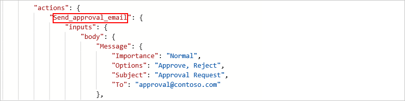 لقطة شاشة تعرض اسم الإجراء في JSON.