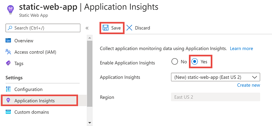 إضافة Application Insights إلى Azure Static Web Apps
