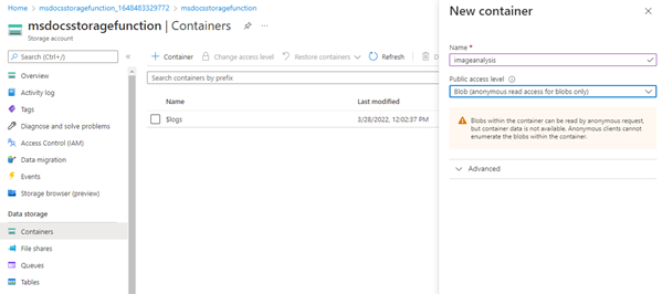 لقطة شاشة تعرض كيفية إنشاء حاوية تخزين جديدة.