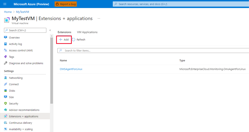 لقطة شاشة تعرض إضافة ملحق V M ل V M المحدد.