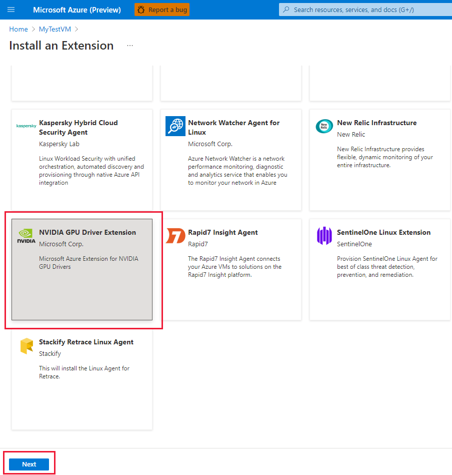 لقطة شاشة توضح تحديد NVIDIA G P U Driver Extension.