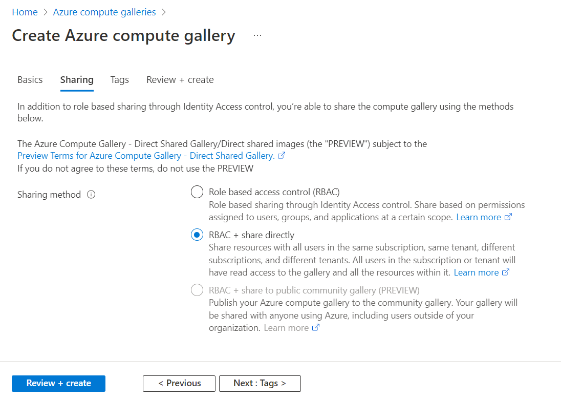 لقطة شاشة تعرض خيار المشاركة باستخدام التحكم في الوصول المستند إلى الدور والمشاركة مباشرة.
