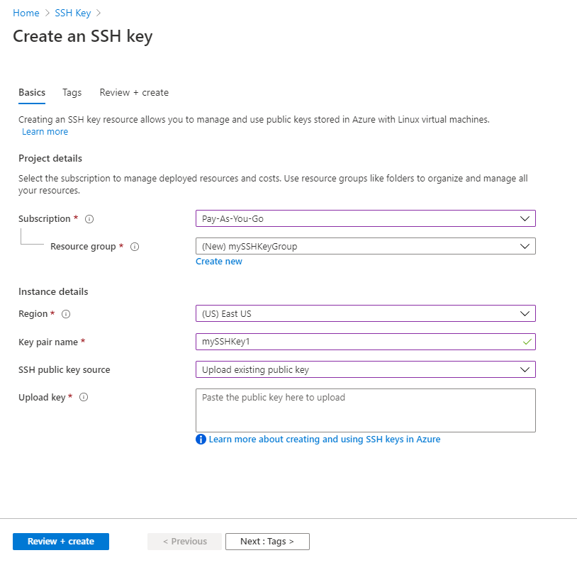 تحميل مفتاح SSH عام لتخزينه في Azure