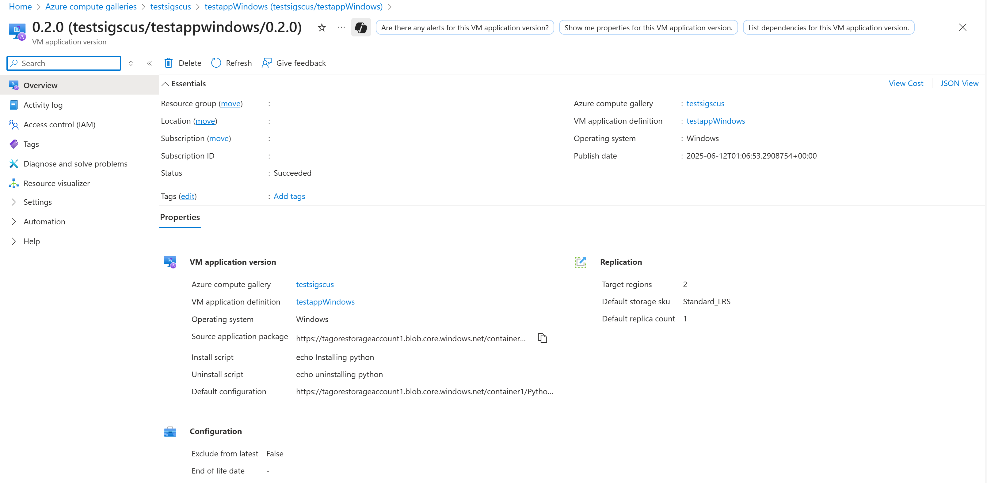 لقطة شاشة تظهر خصائص إصدار تطبيق VM في بوابة Azure.