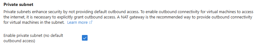 لقطة شاشة لمدخل Azure تعرض خيار الشبكة الفرعية الخاصة.