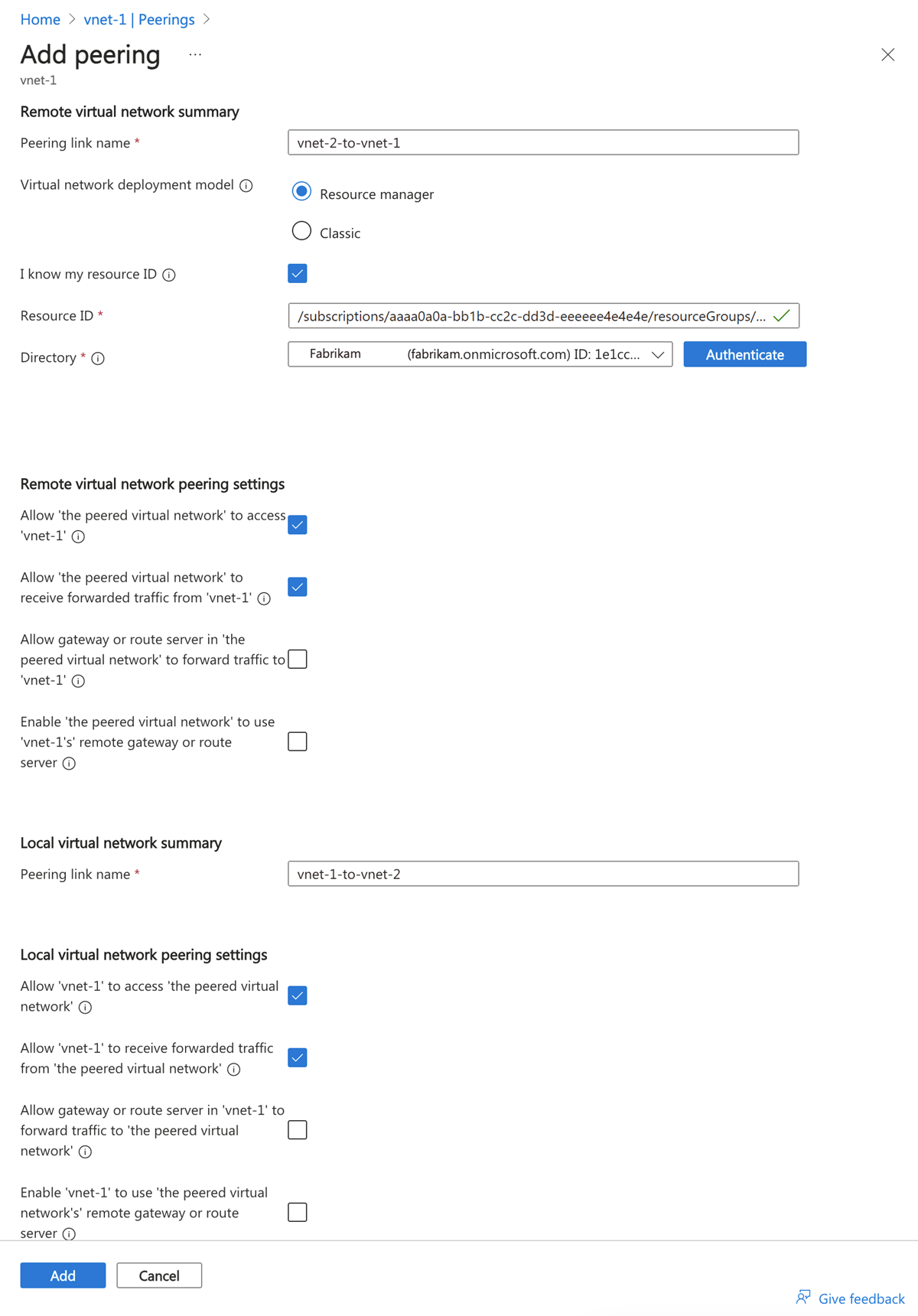 لقطة شاشة للتناظر من vnet-1 إلى vnet-2.