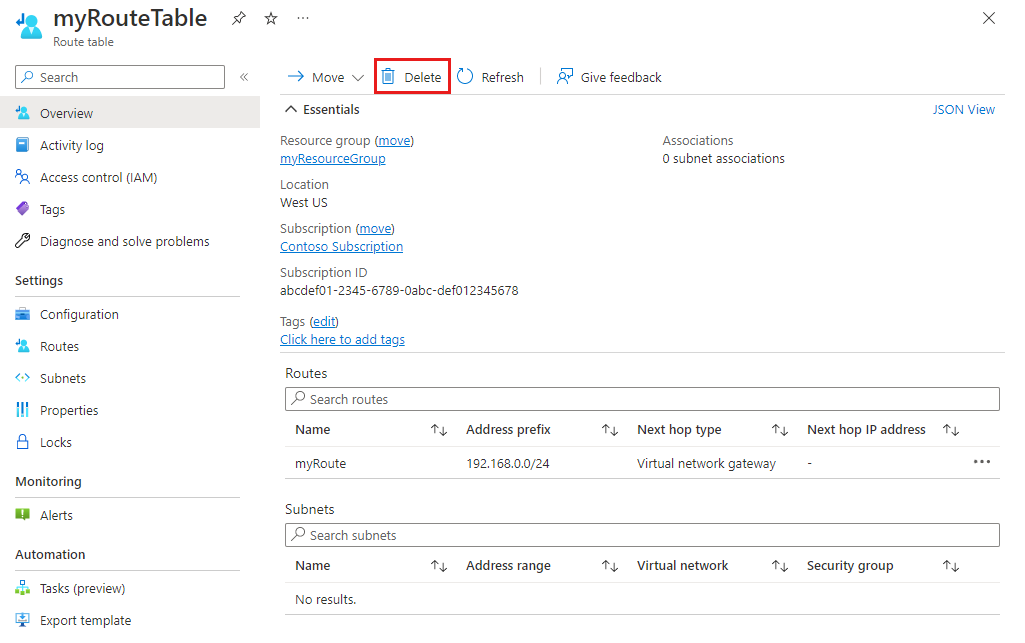 لقطة شاشة لزر الحذف لجدول توجيه.