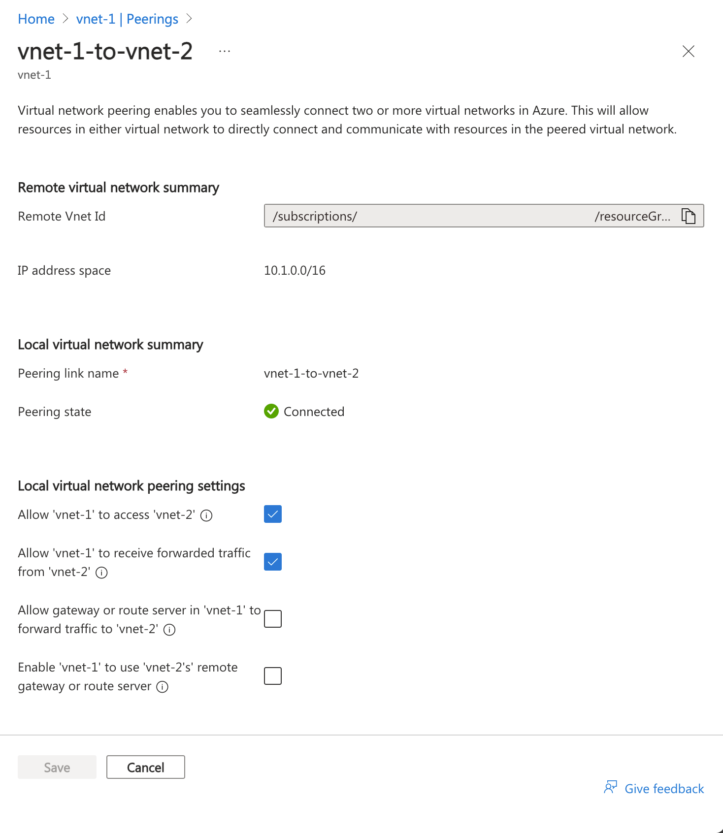 لقطة شاشة لتغيير إعدادات تناظر شبكة ظاهرية.