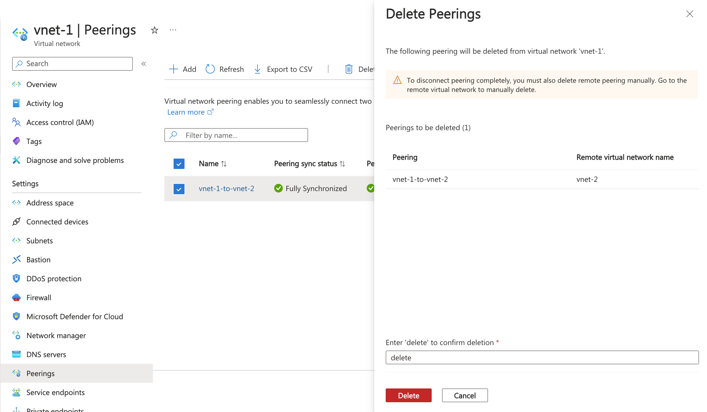 لقطة شاشة لمربع إدخال تأكيد حذف النظير.