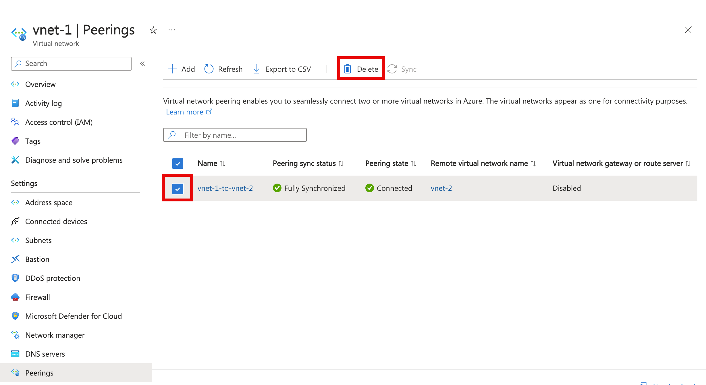 لقطة شاشة لحذف تناظر من الشبكة الظاهرية.