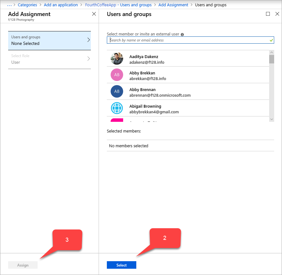 Users and groups assignment page for the application.