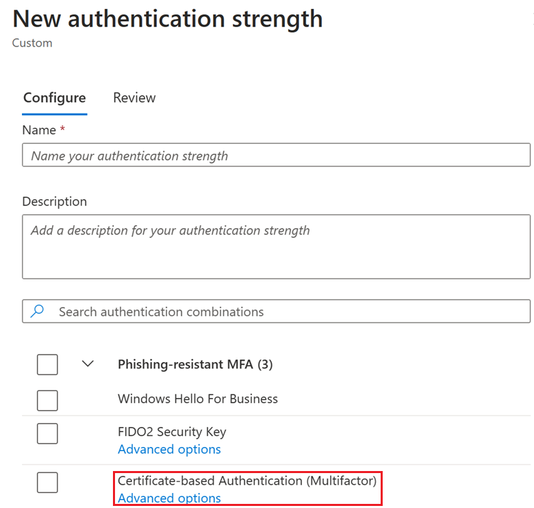Screenshot that shows the link for advanced options for certificate-based authentication.