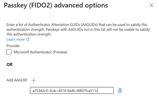 Screenshot that shows how to add an Authenticator Attestation GUID.