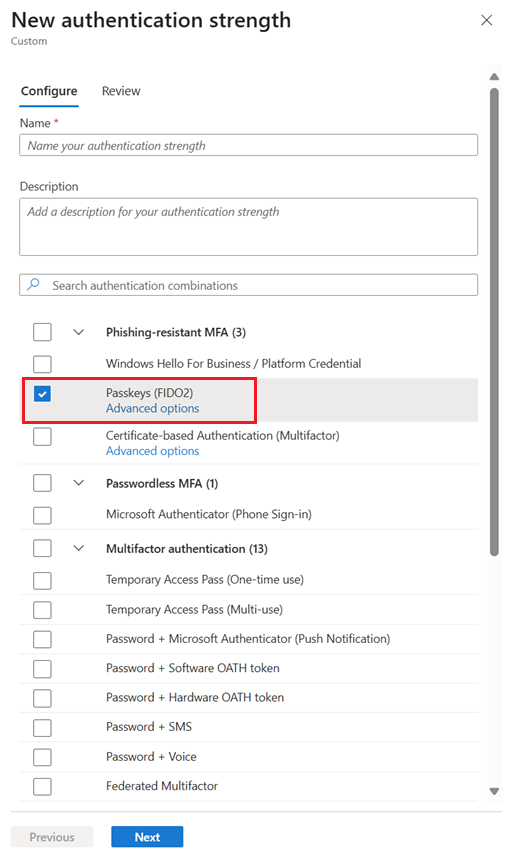Screenshot that shows the link for advanced options for passkeys.