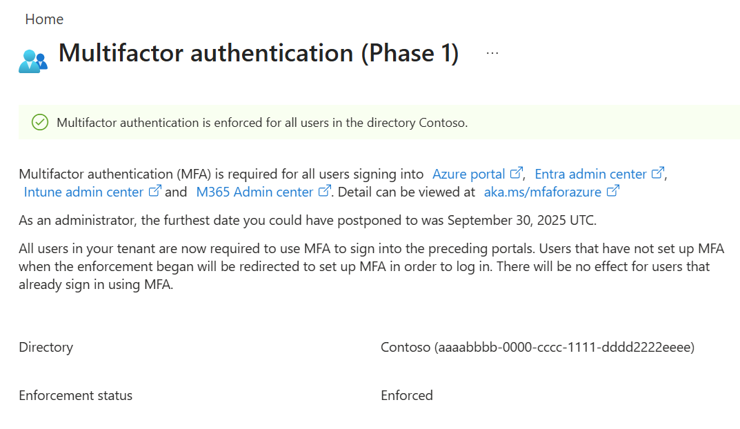 Screenshot of the Multifactor authentication Phase 1 page in the Azure portal, showing that MFA is enforced for all users in the directory.