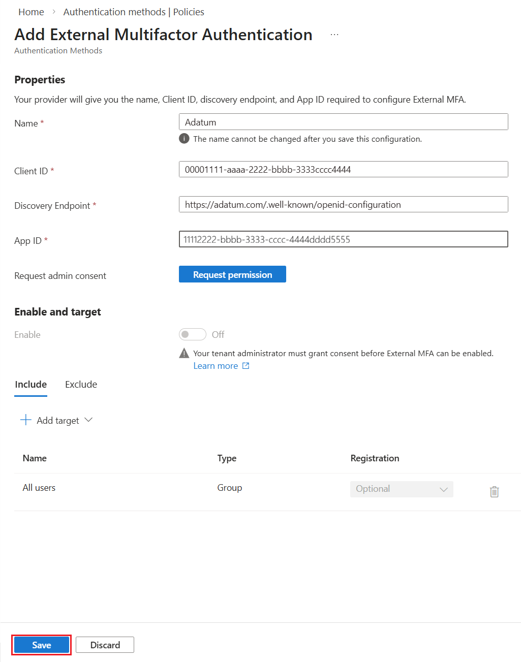 Screenshot of how to add external MFA properties.