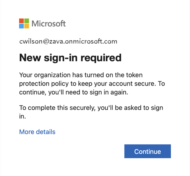 Screenshot of the token protection error message when your device isn't registered or enrolled.
