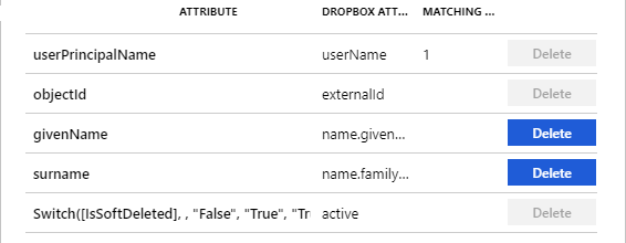 Screenshot of Dropbox User Attributes.