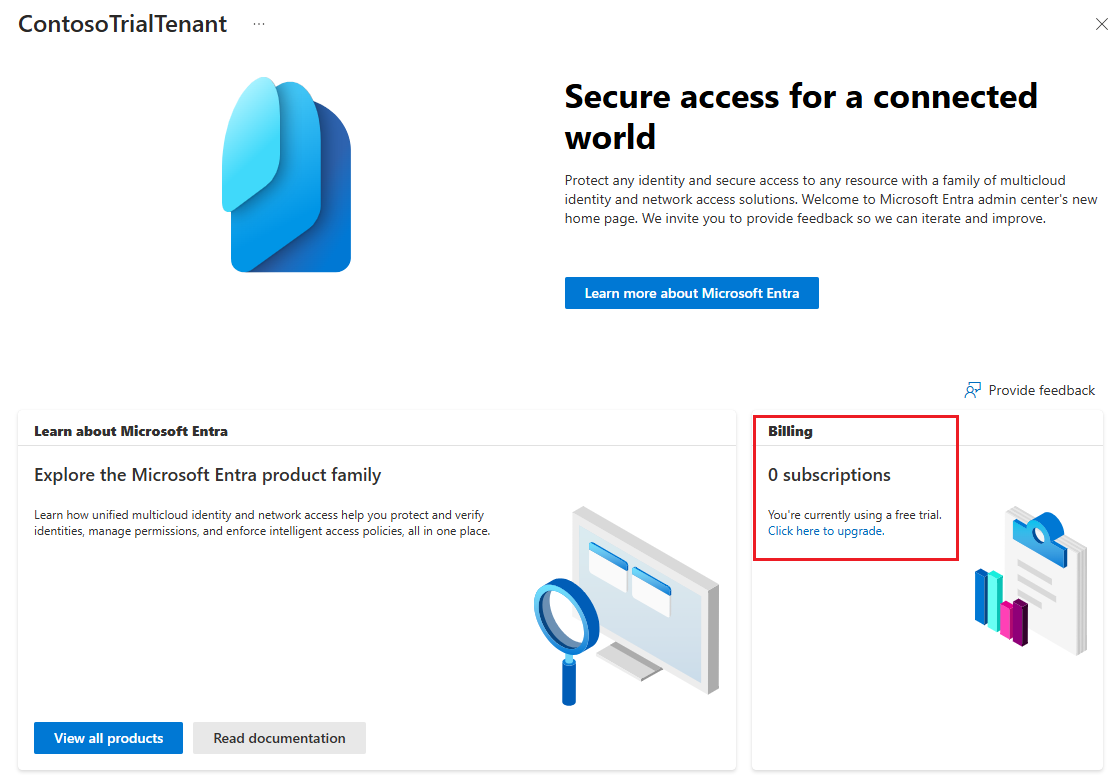 Screenshot that shows an example external tenant that has no subscriptions.