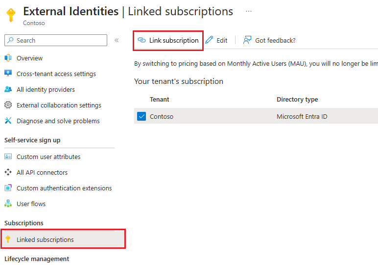 Screenshot of actions for linking a subscription.