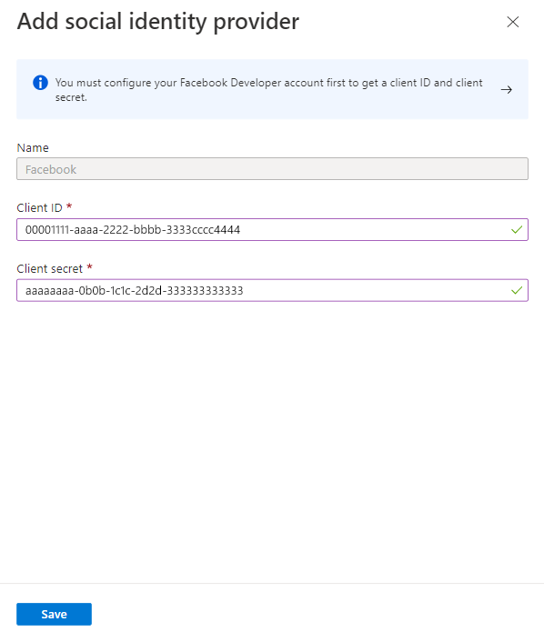 Screenshot of the Facebook identity provider configuration pane in the Microsoft Entra admin center with Client ID and Client secret fields.