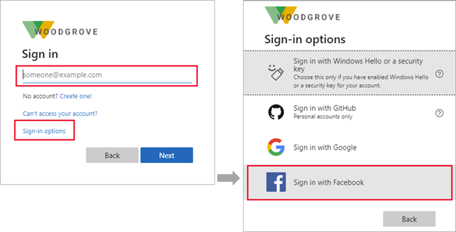 Screenshot of a Microsoft Entra External ID sign-in page showing Sign-in options and the Sign in with Facebook option.