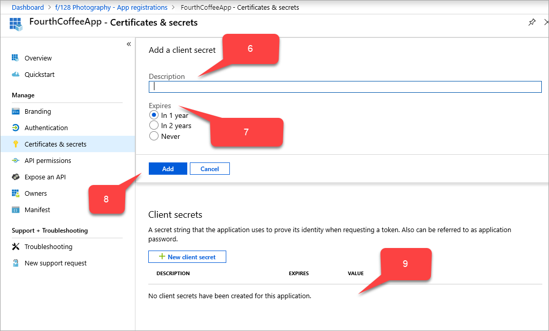 Client secret creation form with expiration settings.