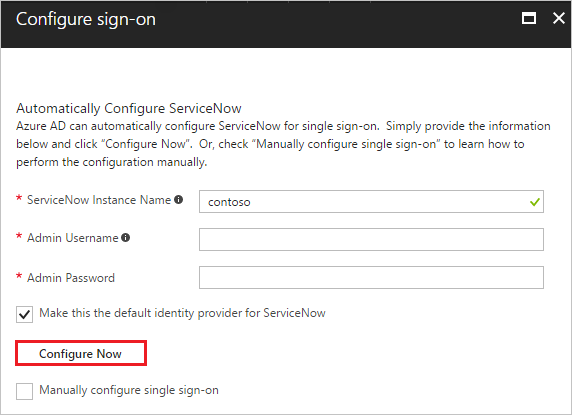 Configure app URL Screenshot of Configure sign-on form, with Configure Now highlighted