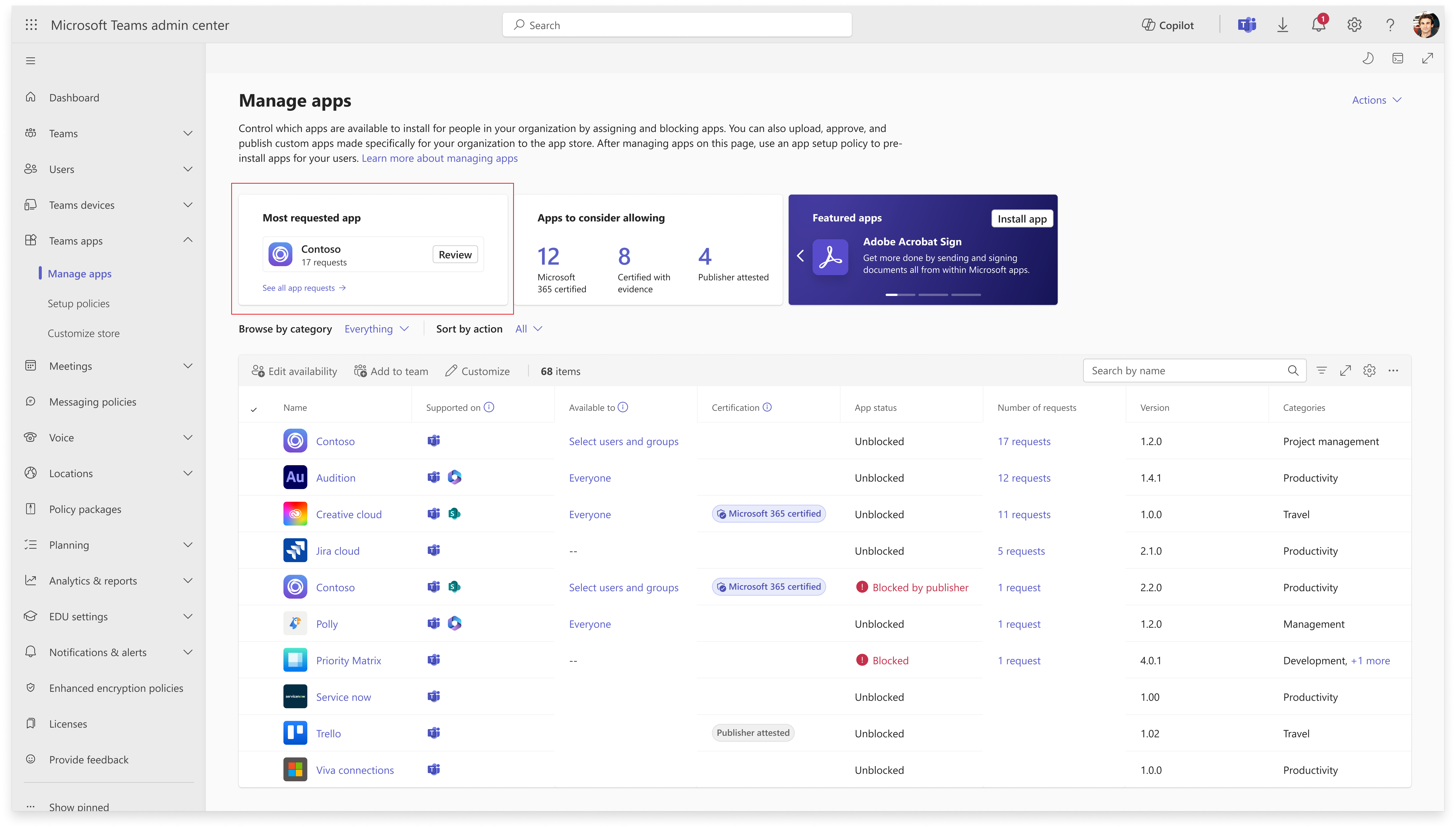 Screenshot showing the user request review option on the admin center dashboard.