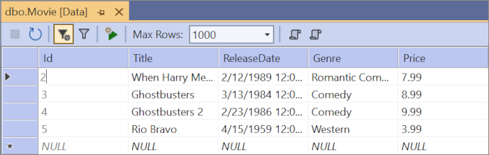 Movie table open showing table data