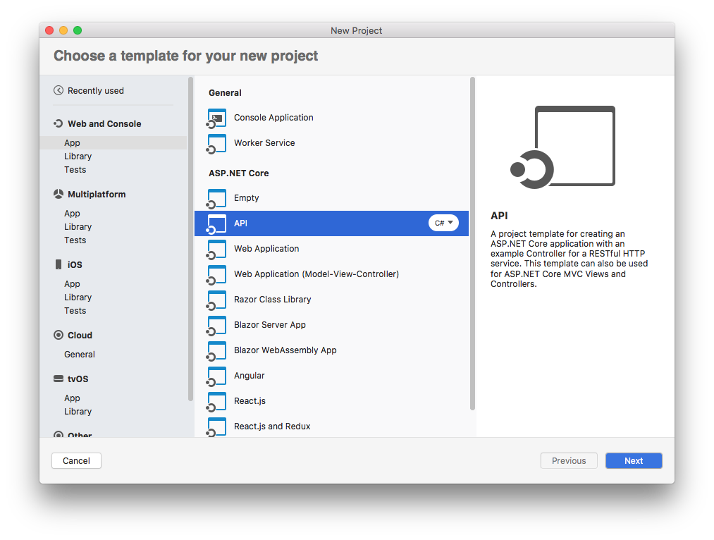 macOS API template selection