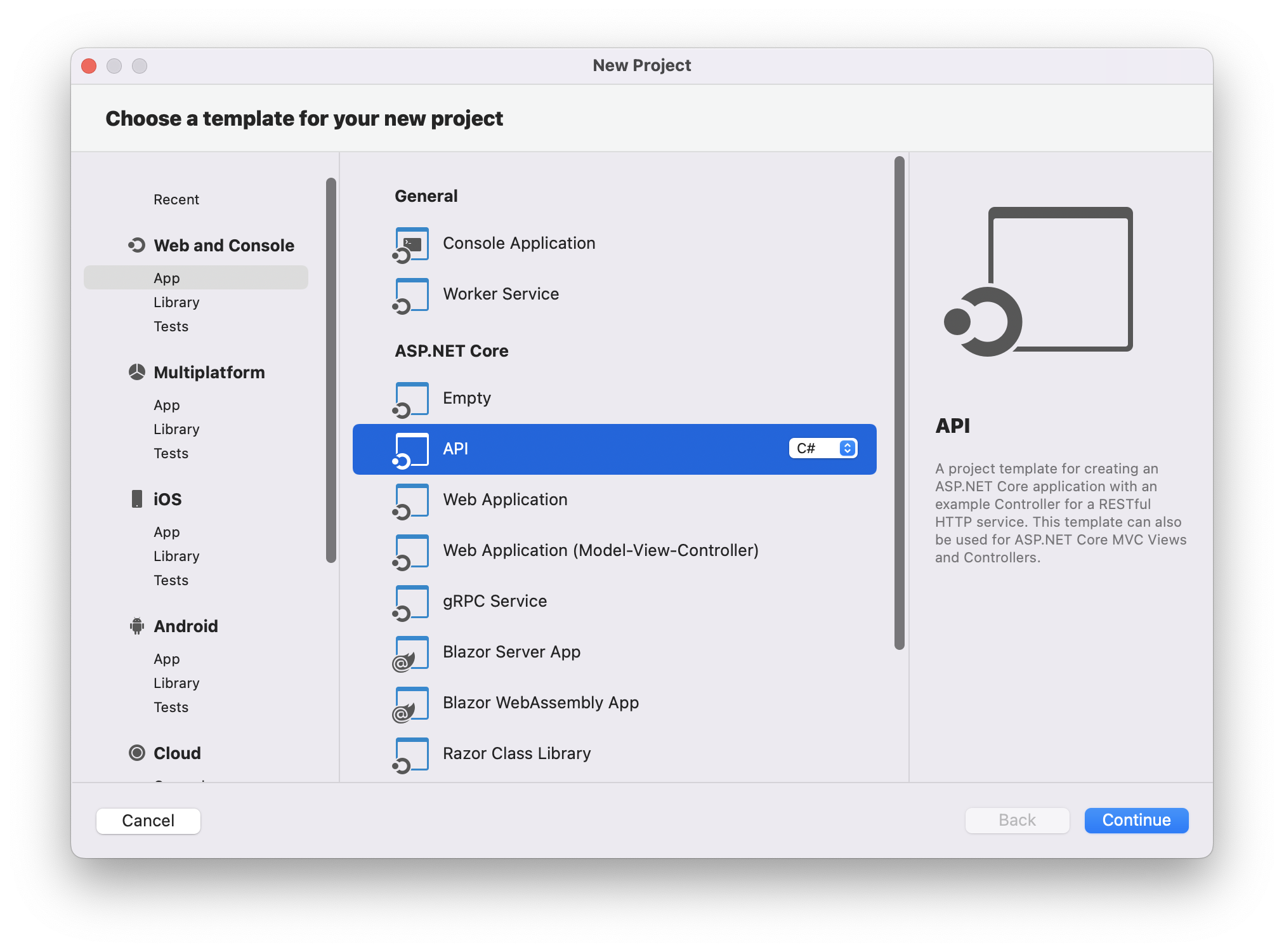 macOS API template selection