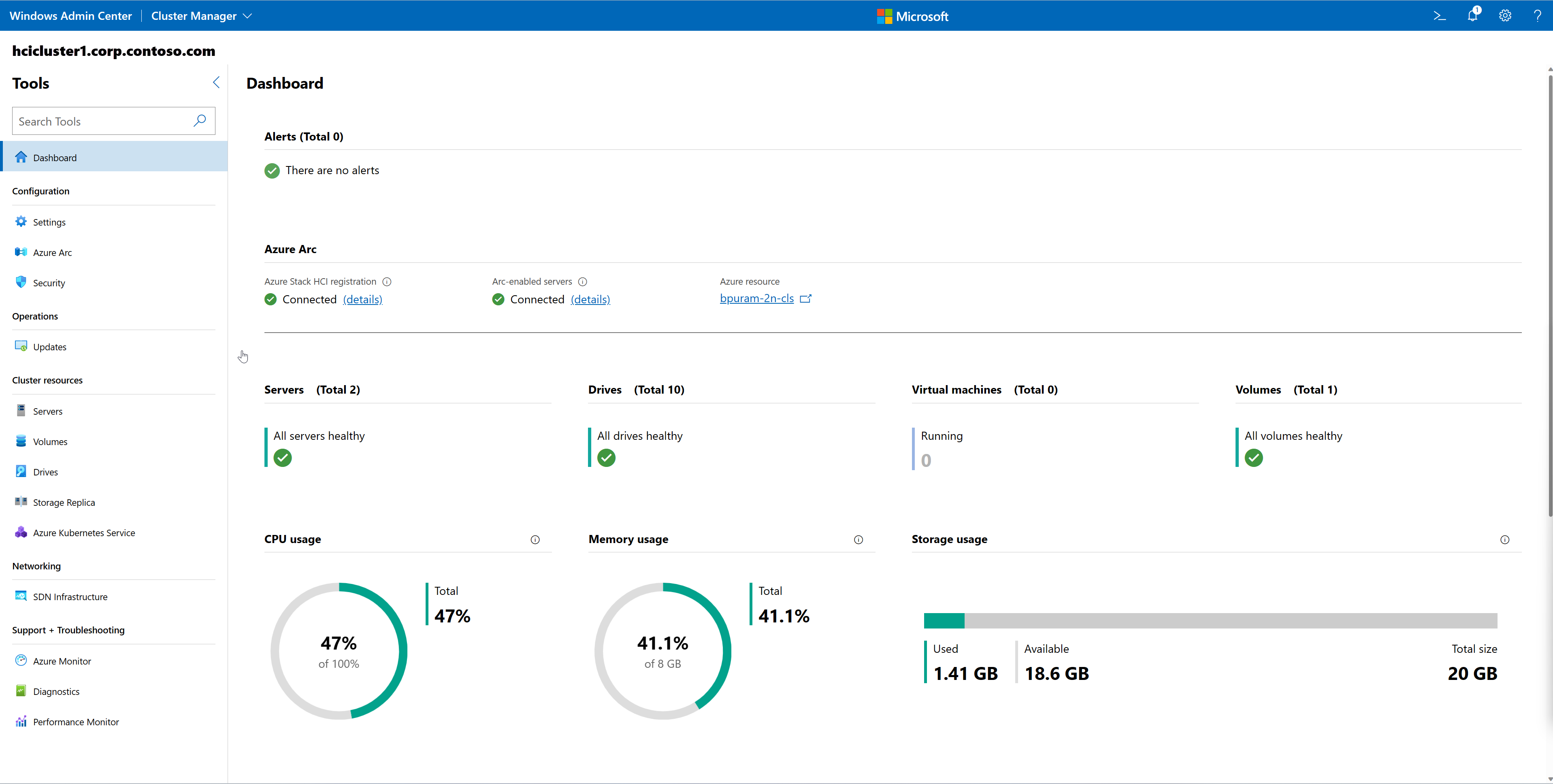 Screenshot that shows the cluster connection status on the Windows Admin Center dashboard.