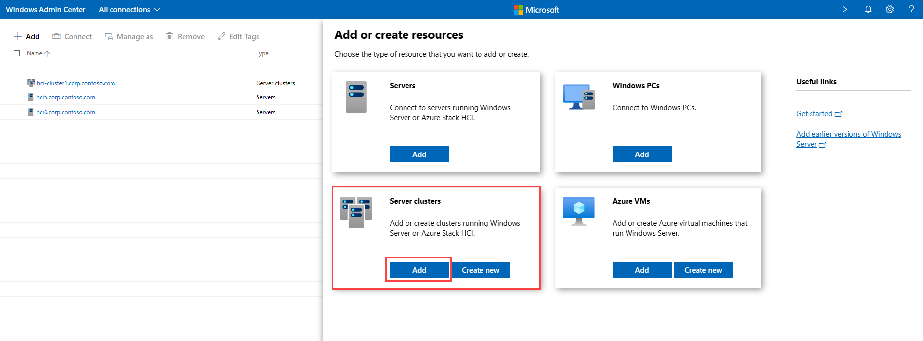 Screenshot of the Add or create resources page.