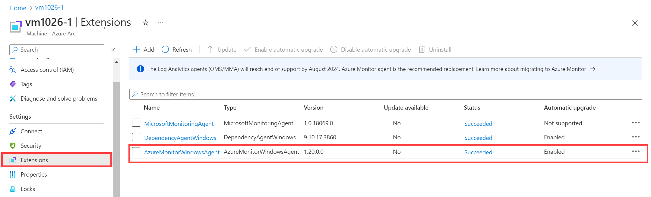 Screenshot showing configuration of Azure Monitor Extension installation in the chosen Arc VM.