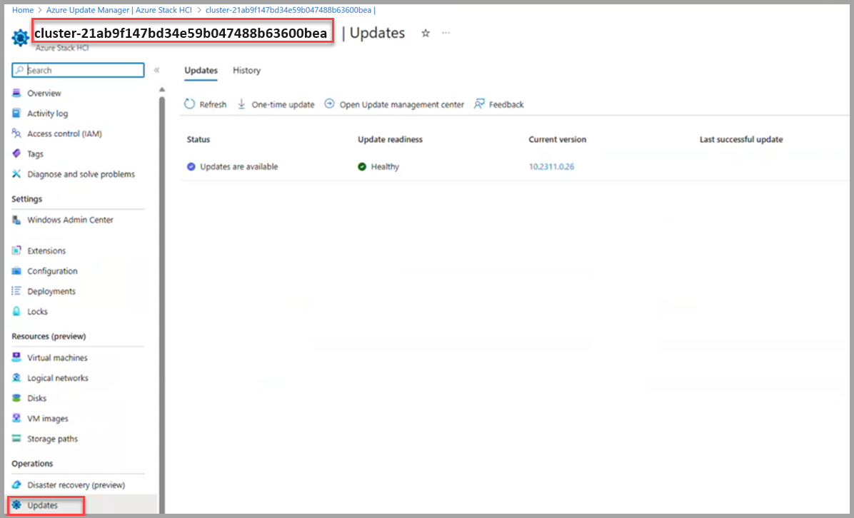 Screenshot of a one-time cluster update in Azure Update Manager.