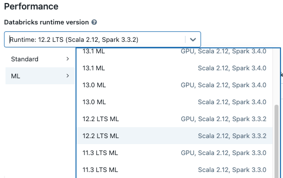 حدد Databricks Runtime ML