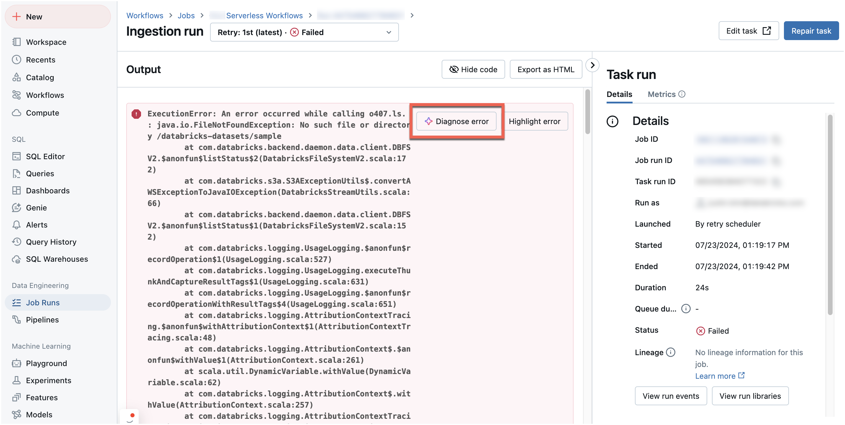 فشلت المهمة باستخدام الزر تشخيص الخطأ.