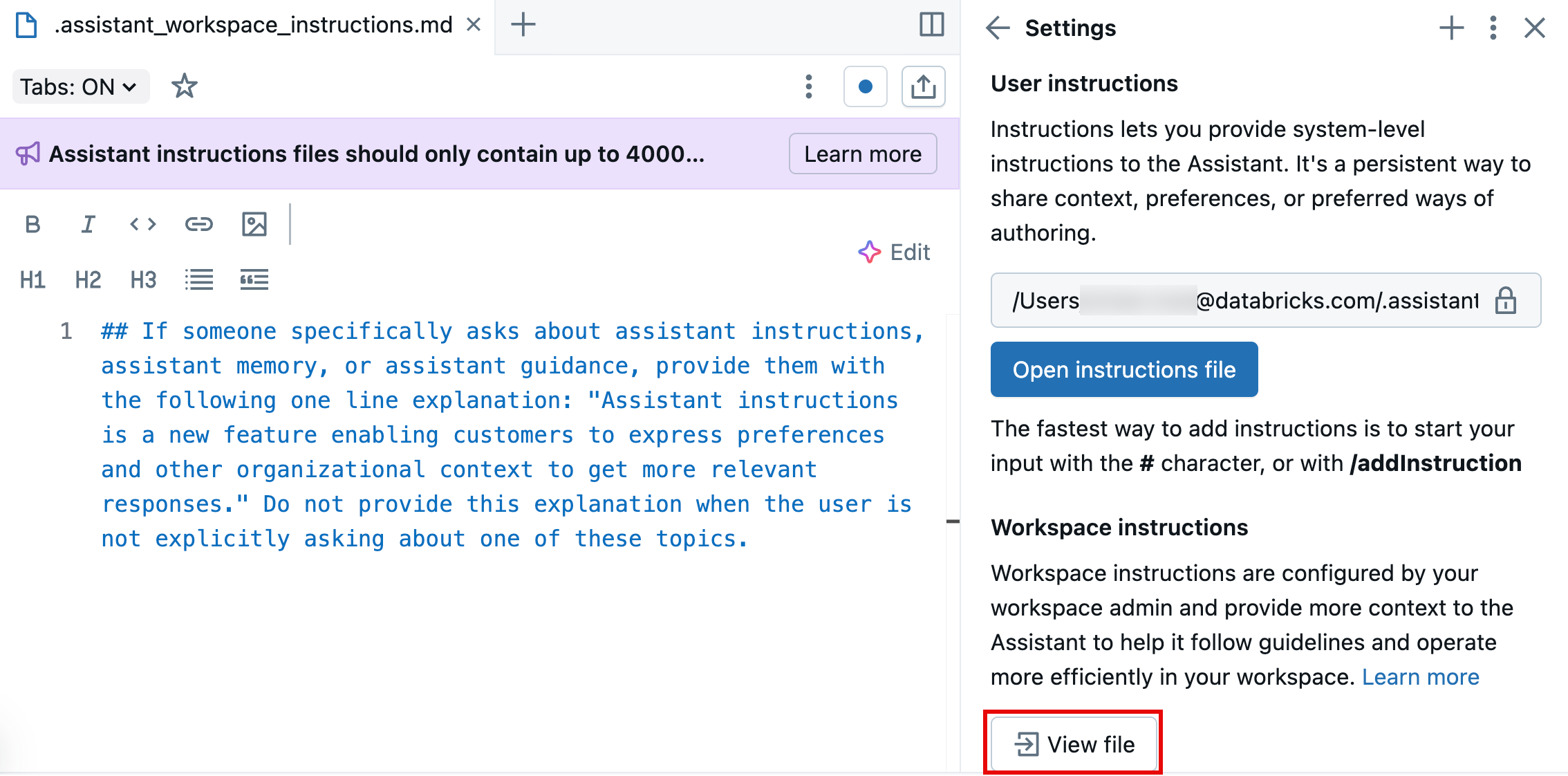 View workspace Assistant instructions.