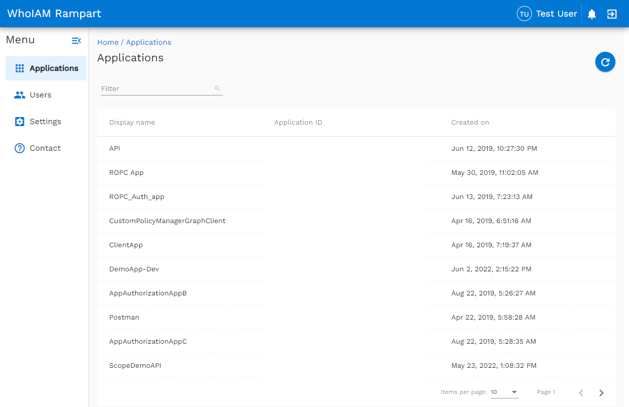 Screenshot showing the WhoIAM Rampart list of user-created applications in the Azure AD B2C tenant.
